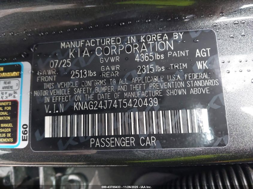 2026 Kia K5 Lxs Fwd VIN: KNAG24J74T5420439 Lot: 43785433
