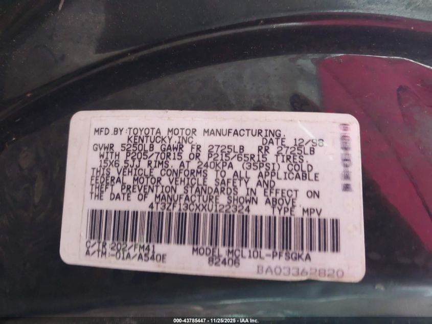 1999 Toyota Sienna Xle VIN: 4T3ZF13CXXU122324 Lot: 43785447