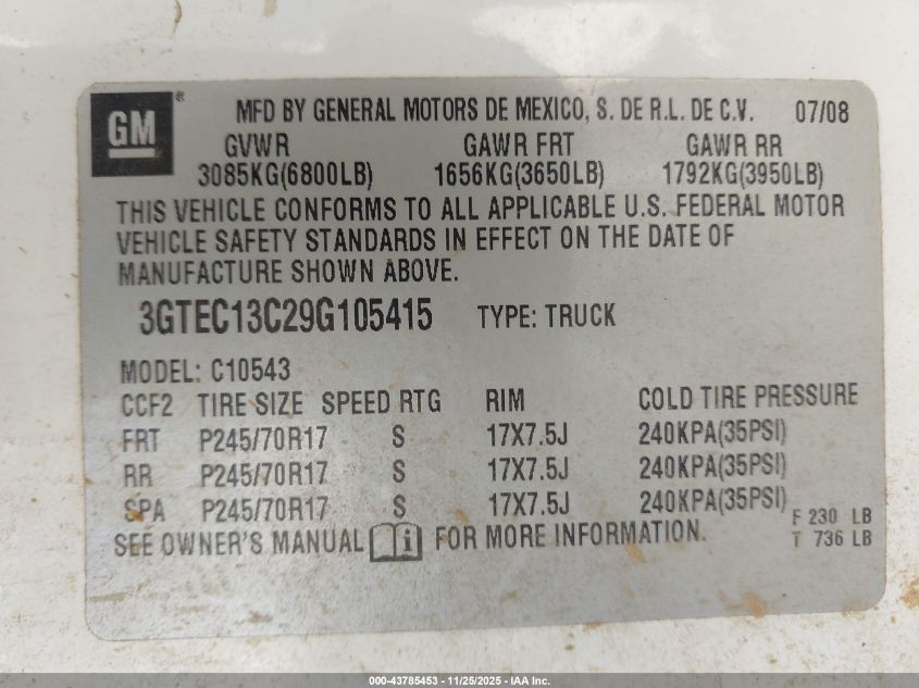 2009 GMC Sierra 1500 Sl VIN: 3GTEC13C29G105415 Lot: 43785453