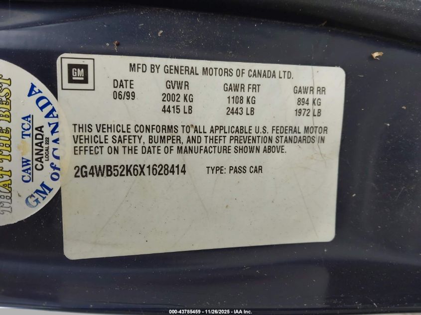 1999 Buick Regal Ls VIN: 2G4WB52K6X1628414 Lot: 43785459