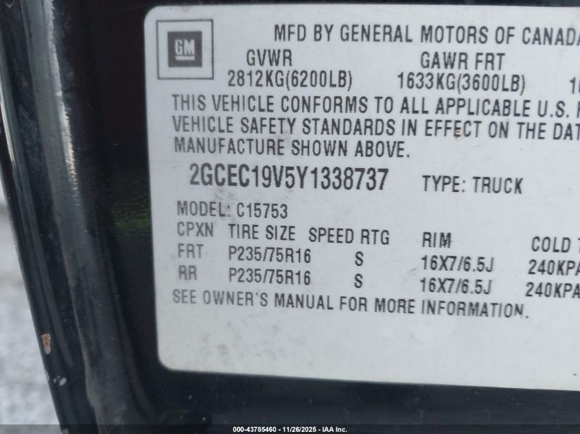 2000 Chevrolet Silverado 1500 Ls VIN: 2GCEC19V5Y1338737 Lot: 43785460