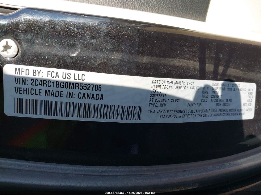 2021 Chrysler Pacifica Touring L VIN: 2C4RC1BG0MR552706 Lot: 43785467