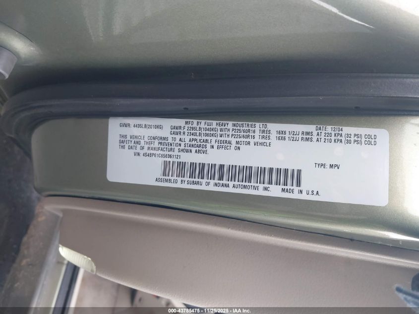 2005 Subaru Outback 2.5I VIN: 4S4BP61C656361121 Lot: 43785475