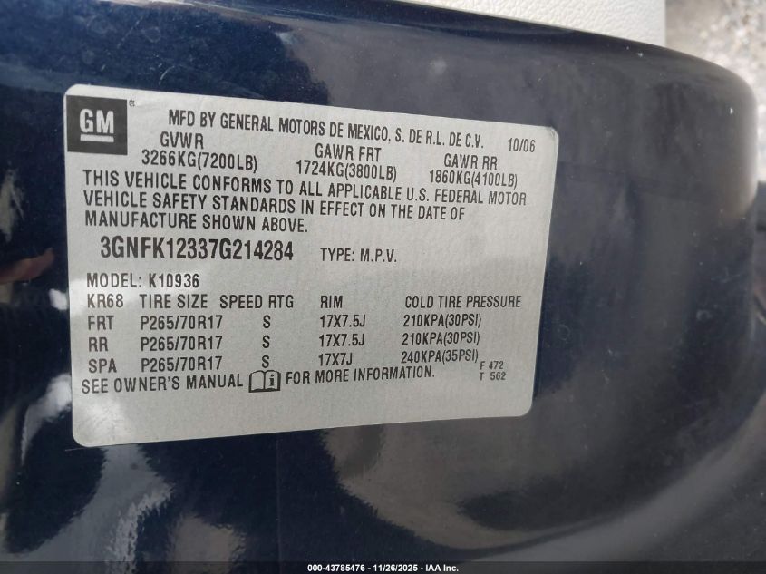2007 Chevrolet Avalanche 1500 Ls VIN: 3GNFK12337G214284 Lot: 43785476
