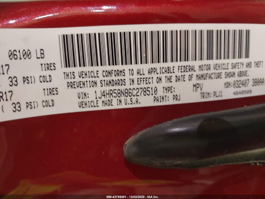 2006 Jeep Grand Cherokee Limited VIN: 1J4HR58N86C278510 Lot: 43785491