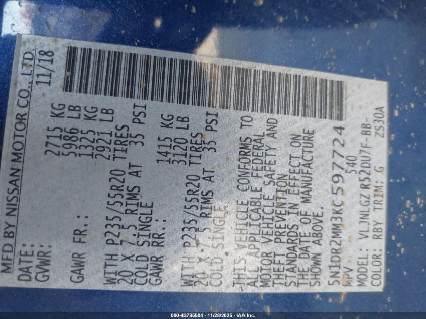 2019 Nissan Pathfinder Sl VIN: 5N1DR2MM3KC597724 Lot: 43785504