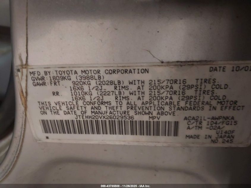 2002 Toyota Rav4 VIN: JTEHH20VX26029536 Lot: 43785508