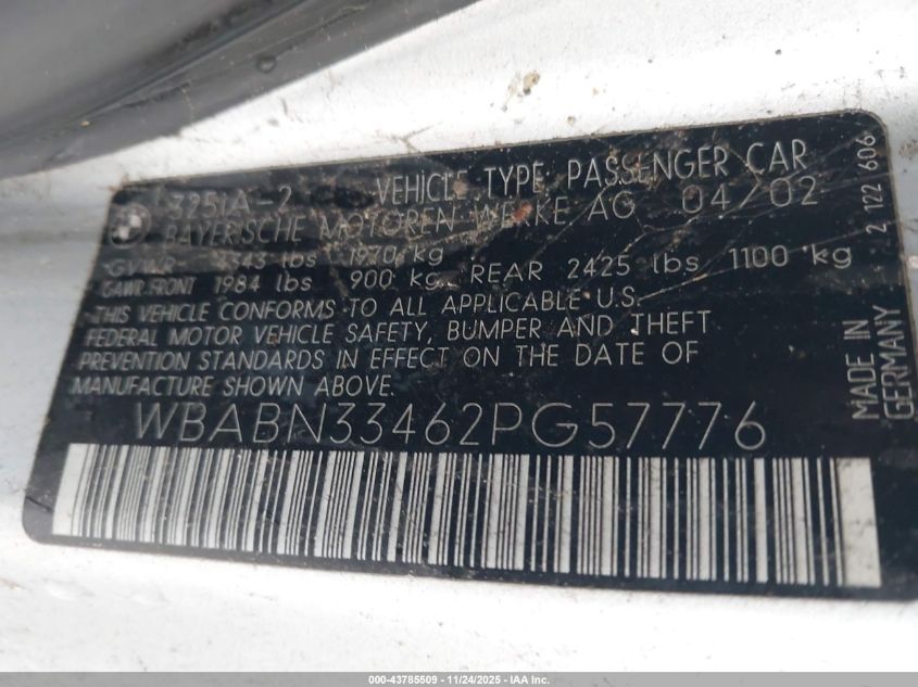 2002 BMW 325Ci VIN: WBABN33462PG57776 Lot: 43785509