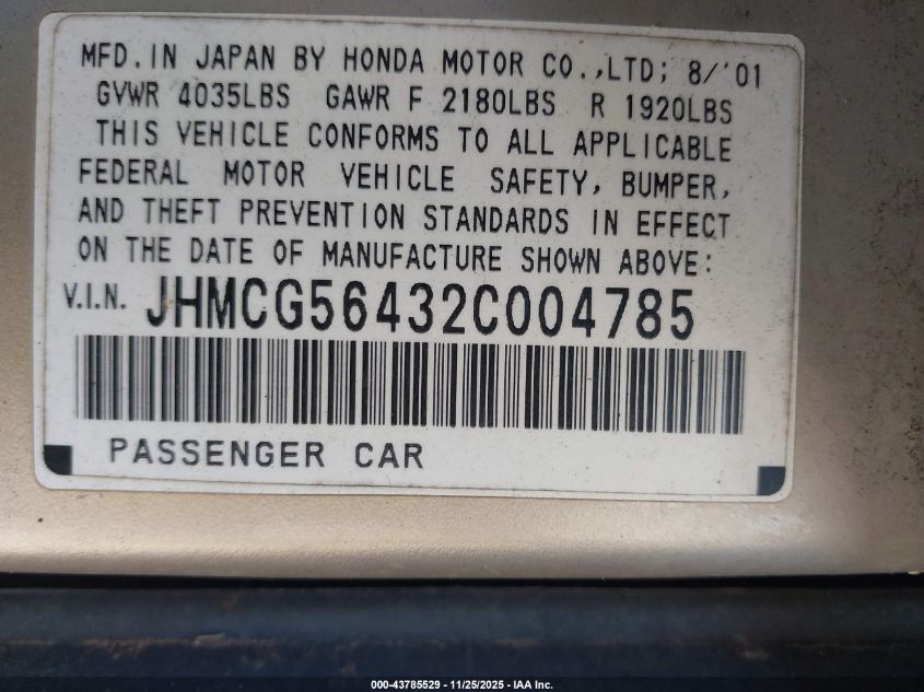 2002 Honda Accord 2.3 Lx VIN: JHMCG56432C004785 Lot: 43785529