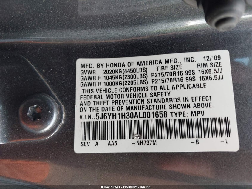 2010 Honda Element Lx VIN: 5J6YH1H30AL001658 Lot: 43785541