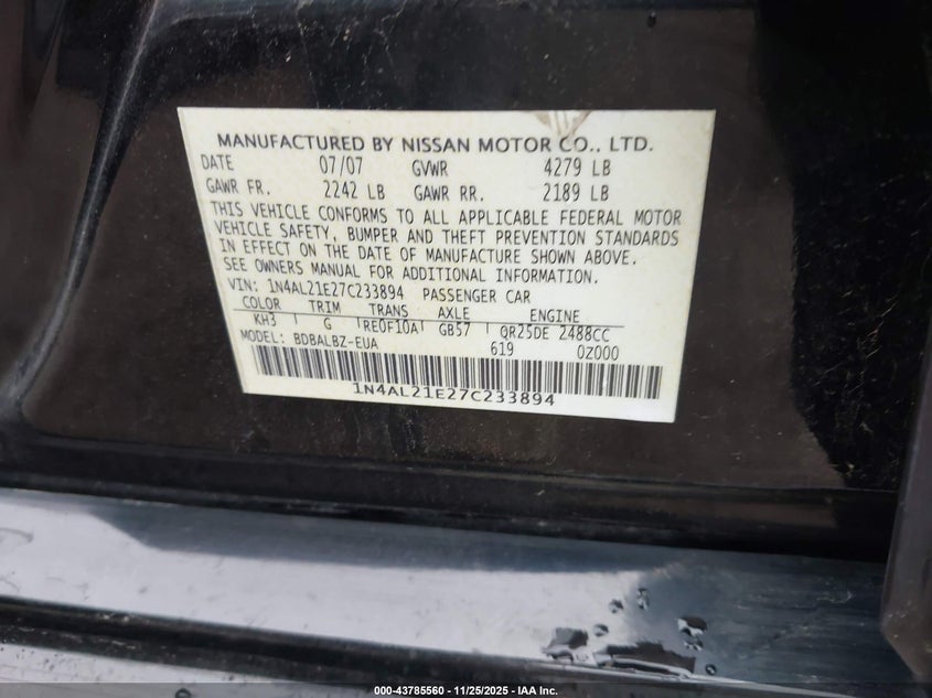 2007 Nissan Altima 2.5 S VIN: 1N4AL21E27C233894 Lot: 43785560