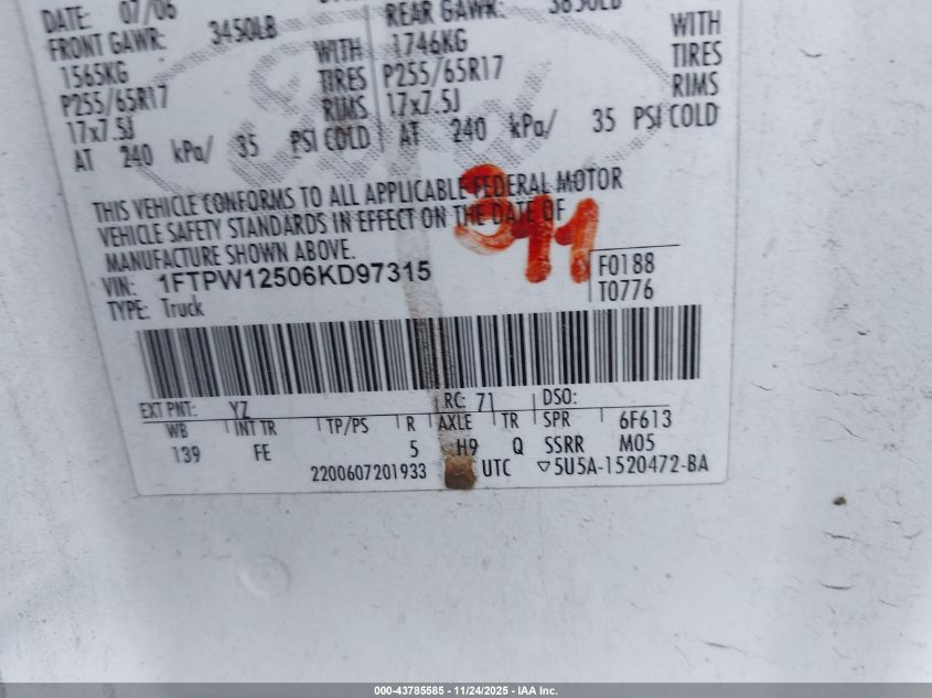 2006 Ford F-150 Lariat/Xlt VIN: 1FTPW12506KD97315 Lot: 43785585