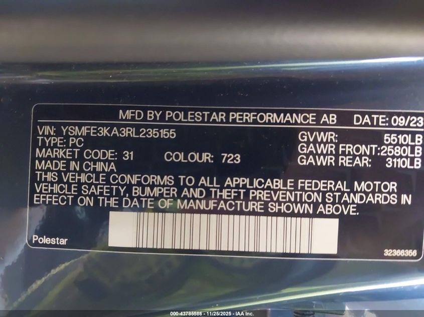 2024 Polestar 2 Long Range Single Motor/Long Range Single Motor Plus VIN: YSMFE3KA3RL235155 Lot: 43785586