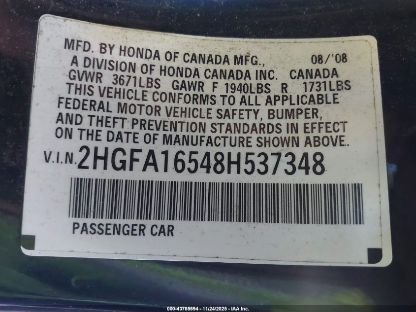 2008 Honda Civic Lx VIN: 2HGFA16548H537348 Lot: 43785594
