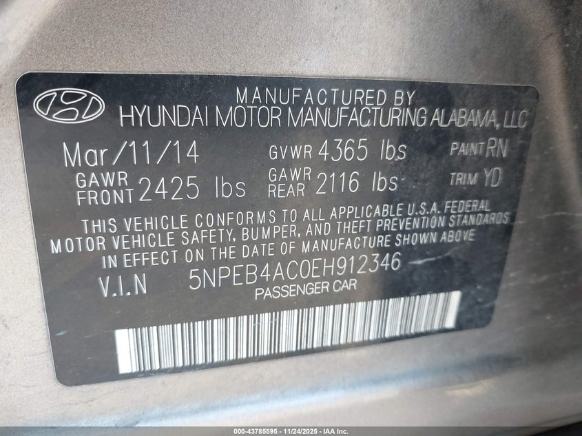 5NPEB4AC0EH912346 2014 HYUNDAI SONATA photo no. 9