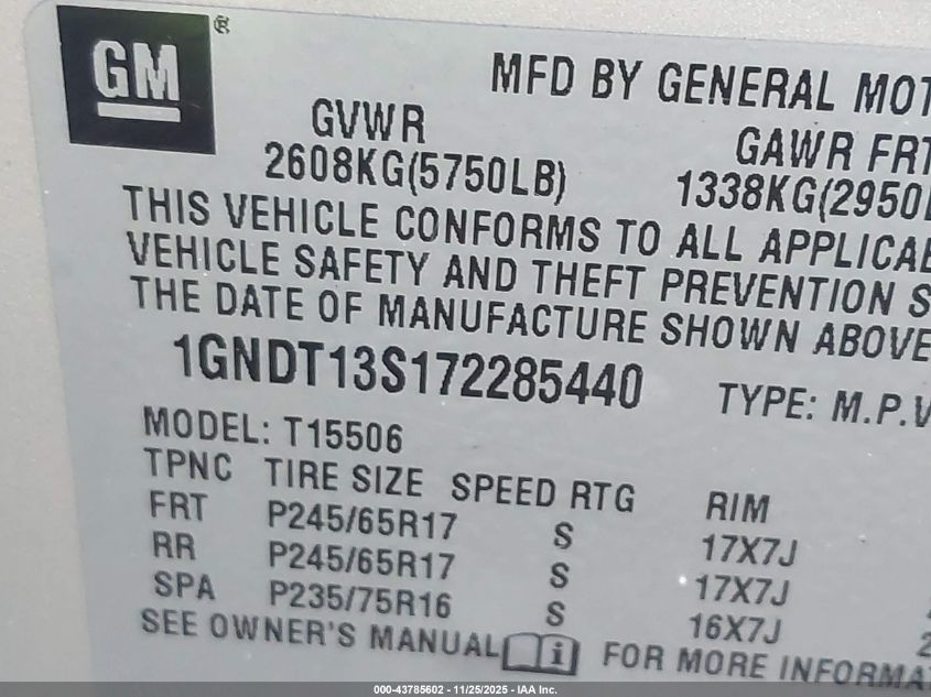 2007 Chevrolet Trailblazer Lt VIN: 1GNDT13S172285440 Lot: 43785602