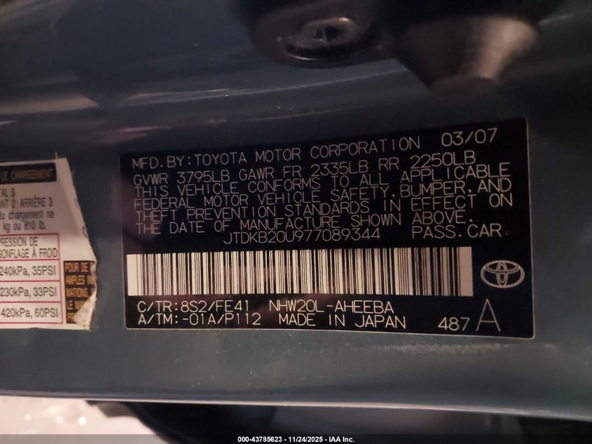 2007 Toyota Prius Touring VIN: JTDKB20U977089344 Lot: 43785623