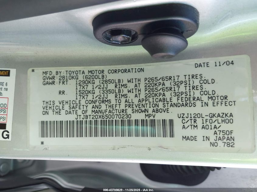 2005 Lexus Gx 470 VIN: JTJBT20X650070230 Lot: 43785629