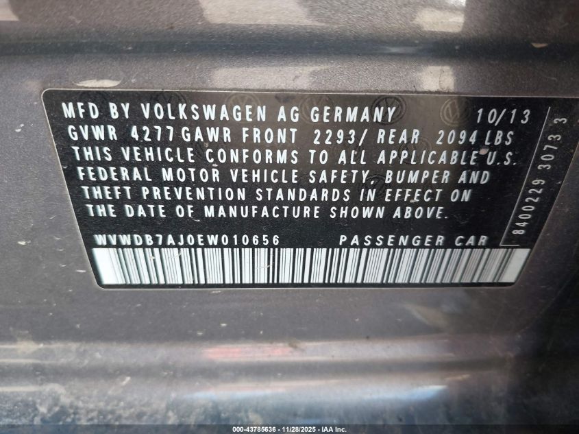 2014 Volkswagen Golf 2.5L VIN: WVWDB7AJ0EW010656 Lot: 43785636