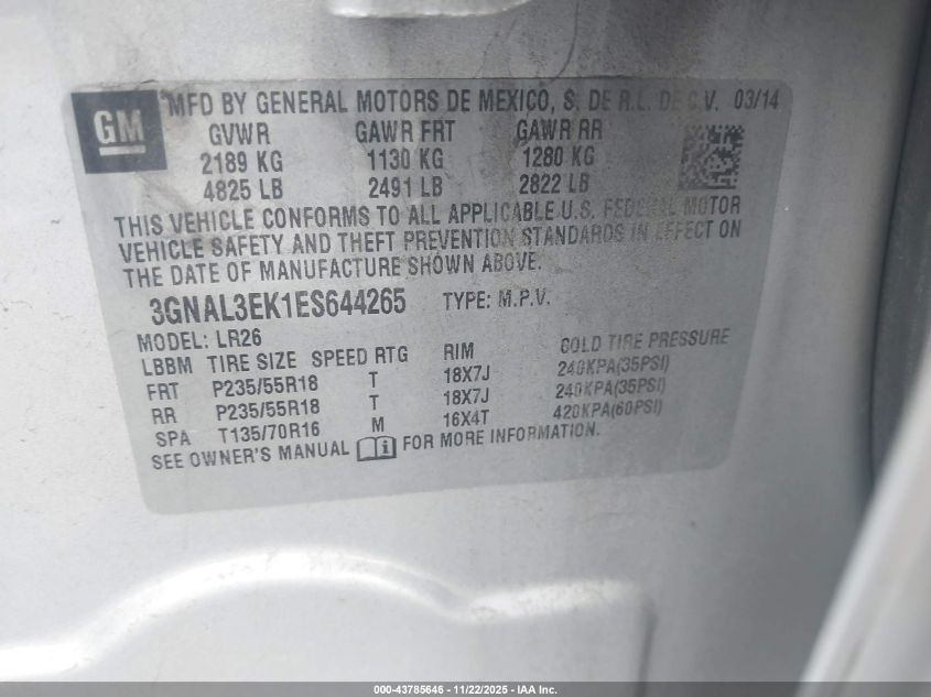 2014 Chevrolet Captiva Sport Lt VIN: 3GNAL3EK1ES644265 Lot: 43785646