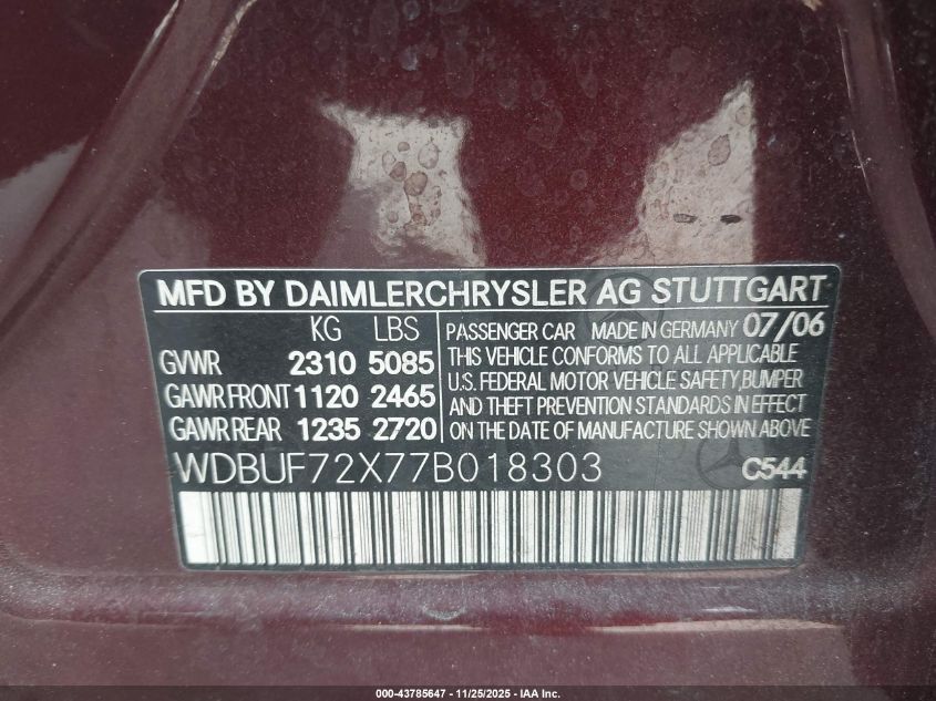 2007 Mercedes-Benz E 550 VIN: WDBUF72X77B018303 Lot: 43785647