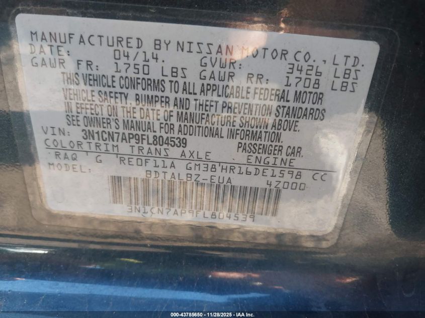 2015 Nissan Versa 1.6 Sv VIN: 3N1CN7AP9FL804539 Lot: 43785650