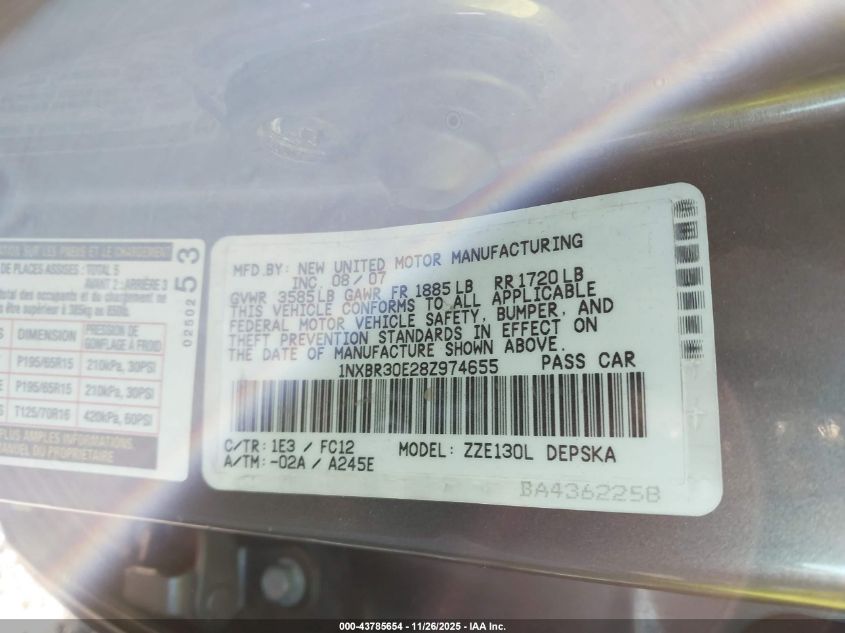 2008 Toyota Corolla S VIN: 1NXBR30E28Z974655 Lot: 43785654