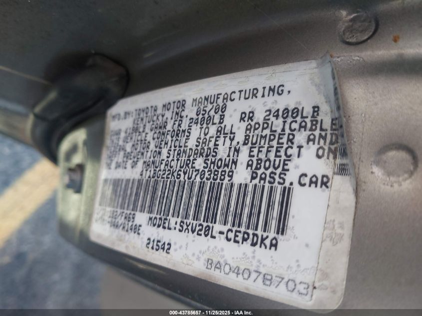 2000 Toyota Camry Ce VIN: 4T1BG22K6YU703889 Lot: 43785657