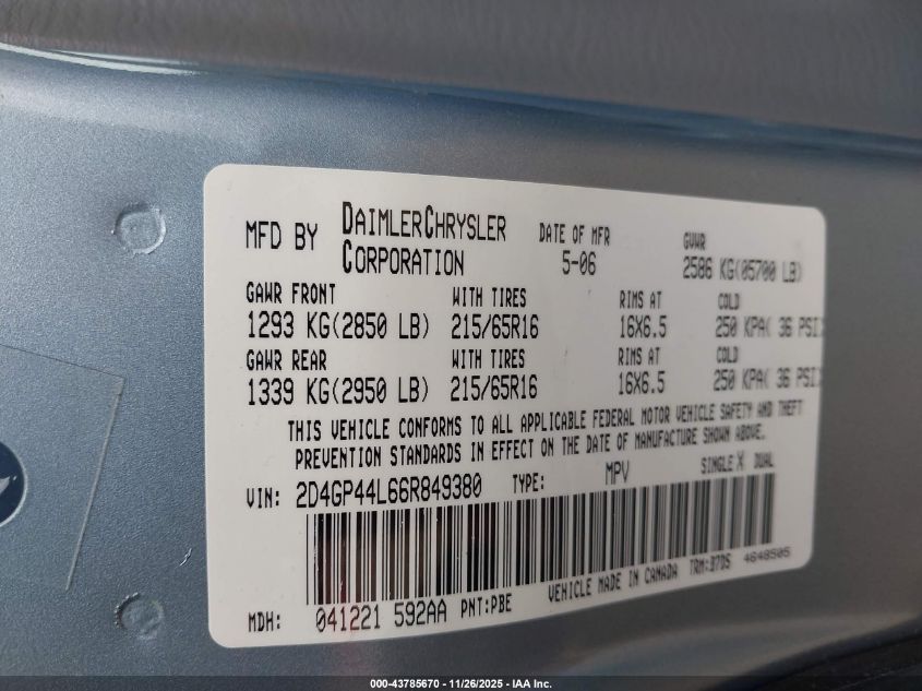 2006 Dodge Grand Caravan Sxt VIN: 2D4GP44L66R849380 Lot: 43785670