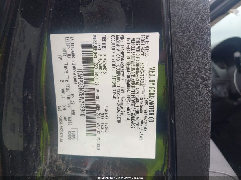 2008 Ford Focus Se/Ses VIN: 1FAHP35N28W242940 Lot: 43785677