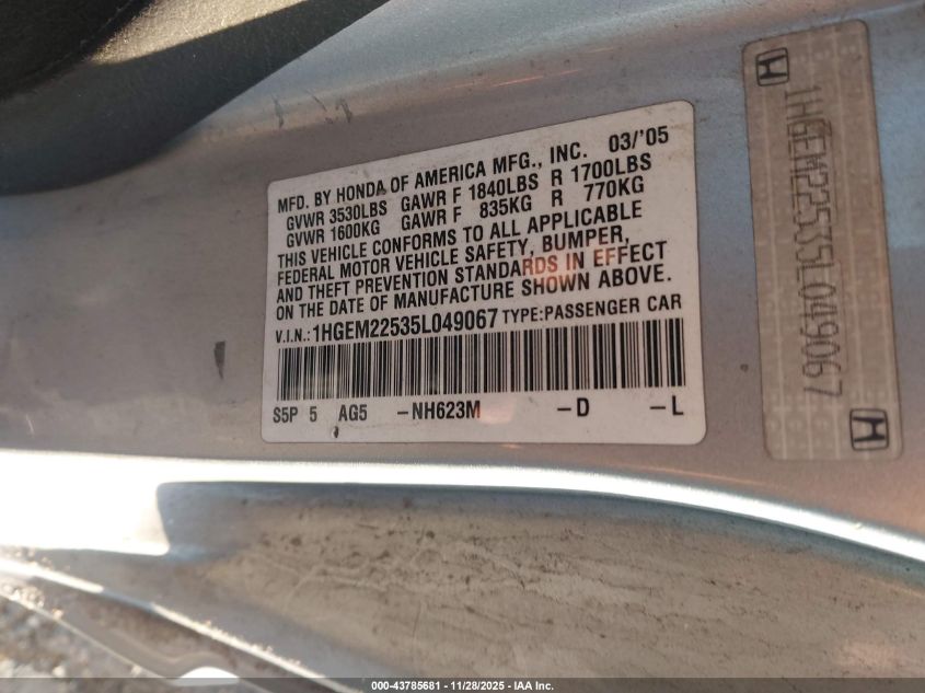 2005 Honda Civic Lx VIN: 1HGEM22535L049067 Lot: 43785681