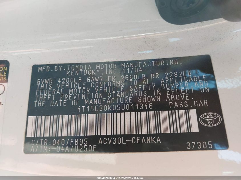 2005 Toyota Camry Le VIN: 4T1BE30K05U011346 Lot: 43785684