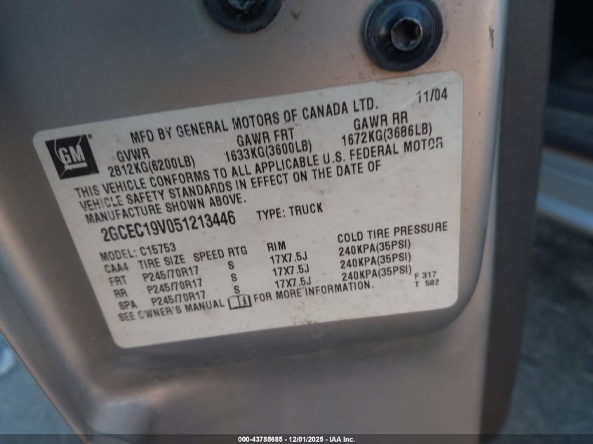 2005 Chevrolet Silverado 1500 Ls VIN: 2GCEC19V051213446 Lot: 43785685