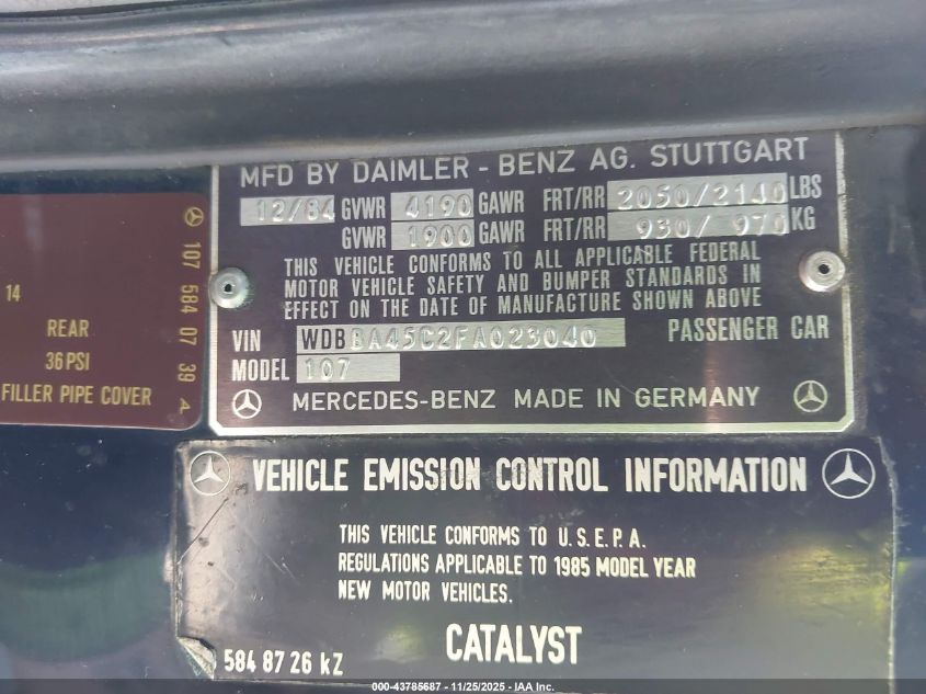 1985 Mercedes-Benz 380 Sl VIN: WDBBA45C2FA023040 Lot: 43785687