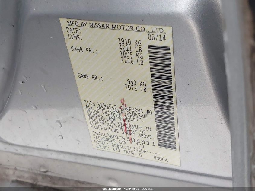 2015 Nissan Altima 2.5 S VIN: 1N4AL3AP1FN305811 Lot: 43785691