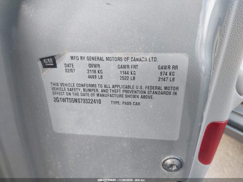 2007 Chevrolet Impala Lt VIN: 2G1WT55N079322410 Lot: 43785695