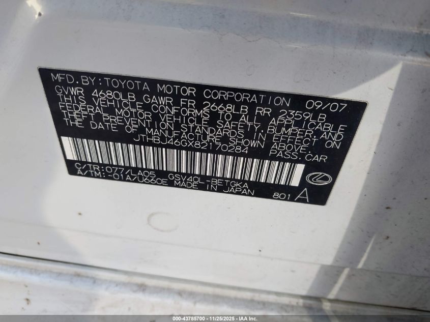 2008 Lexus Es 350 VIN: JTHBJ46GX82170284 Lot: 43785700