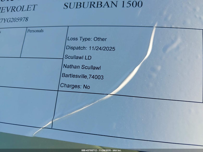 2000 Chevrolet Suburban 1500 Ls VIN: 3GNEC16T7YG205978 Lot: 43785712