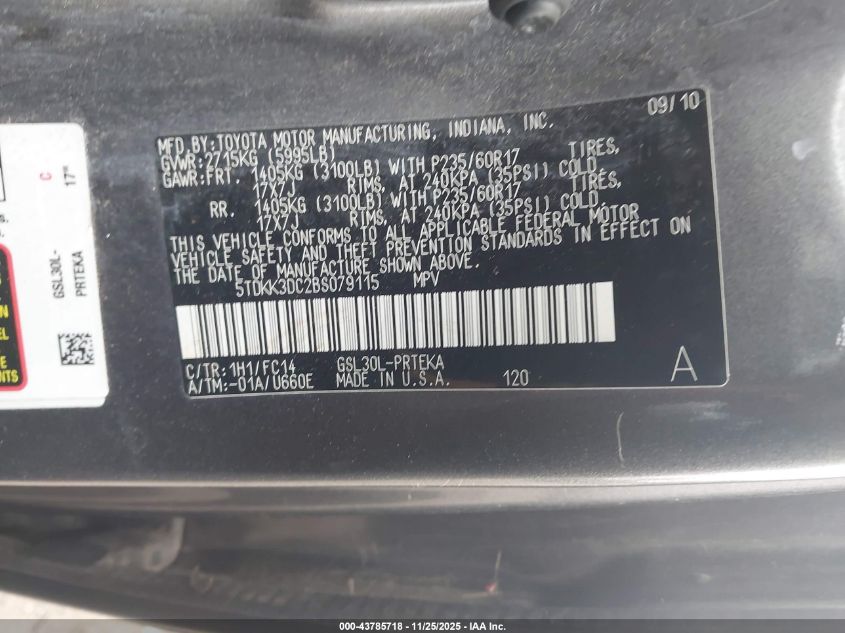 2011 Toyota Sienna Le V6 VIN: 5TDKK3DC2BS079115 Lot: 43785718