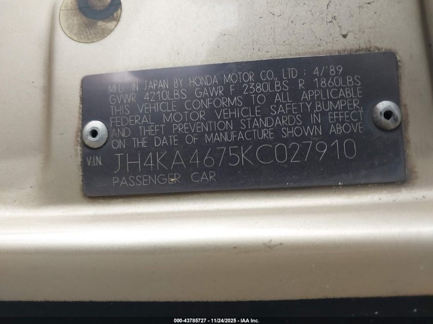 1989 Acura Legend Ls VIN: JH4KA4675KC027910 Lot: 43785727