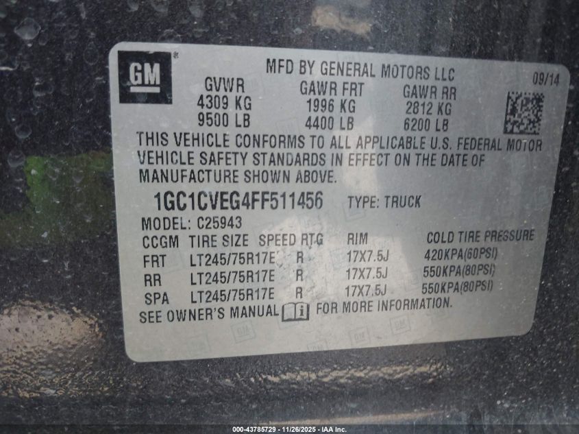 2015 Chevrolet Silverado 2500Hd Lt VIN: 1GC1CVEG4FF511456 Lot: 43785729