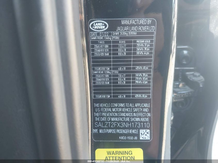 2022 Land Rover Range Rover Evoque R-Dynamic S VIN: SALZT2FX3NH173110 Lot: 43785732