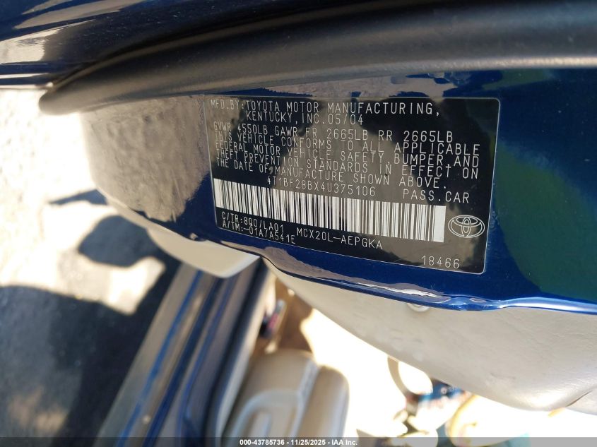 2004 Toyota Avalon Xls VIN: 4T1BF28BX4U375106 Lot: 43785736