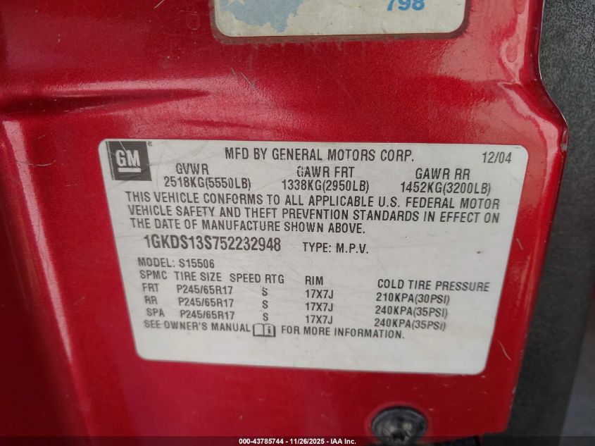 2005 GMC Envoy Slt VIN: 1GKDS13S752232948 Lot: 43785744