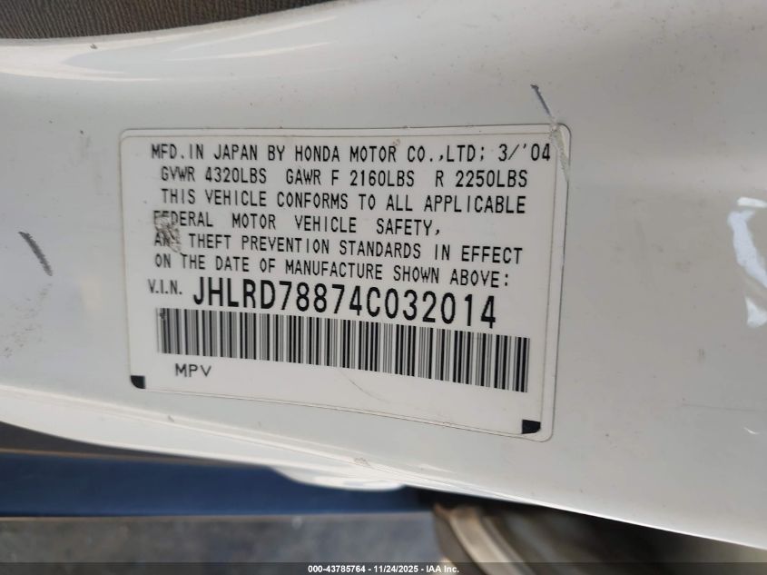 2004 Honda Cr-V Ex VIN: JHLRD78874C032014 Lot: 43785764