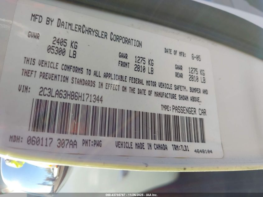 2006 Chrysler 300C VIN: 2C3LA63H86H171344 Lot: 43785767