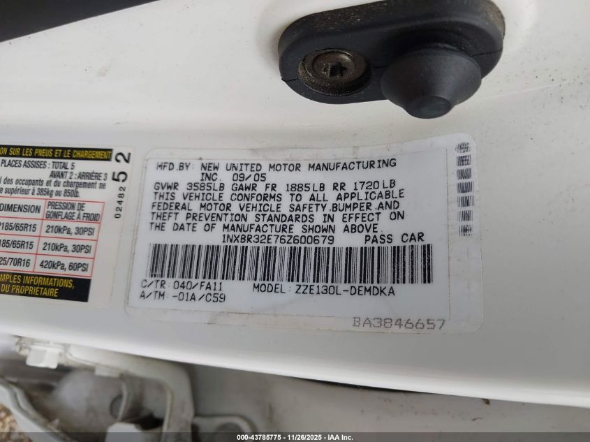 2006 Toyota Corolla Ce VIN: 1NXBR32E76Z600679 Lot: 43785775