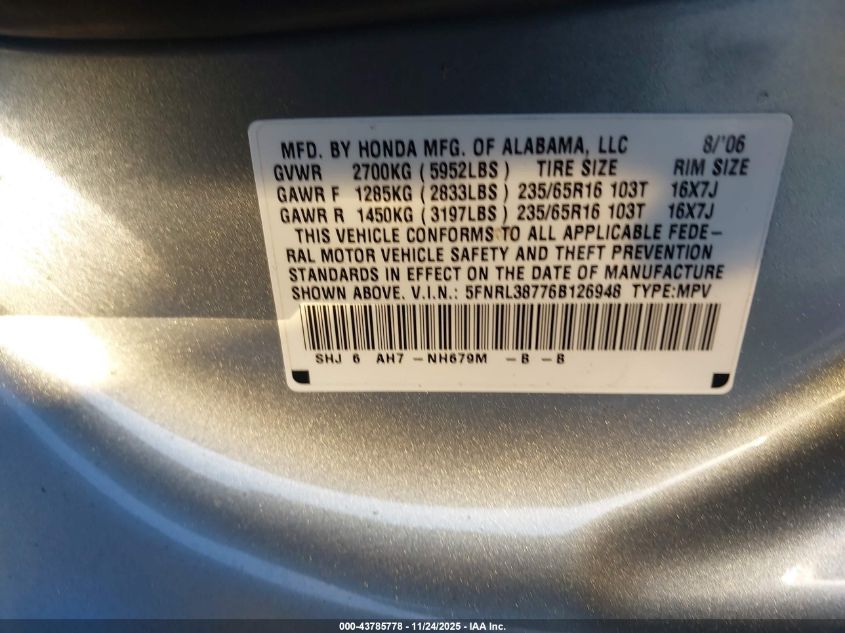 2006 Honda Odyssey Ex-L VIN: 5FNRL38776B126948 Lot: 43785778