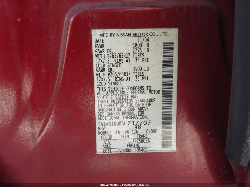 2005 Nissan Pathfinder Le VIN: 5N1AR18U85C717707 Lot: 43785805