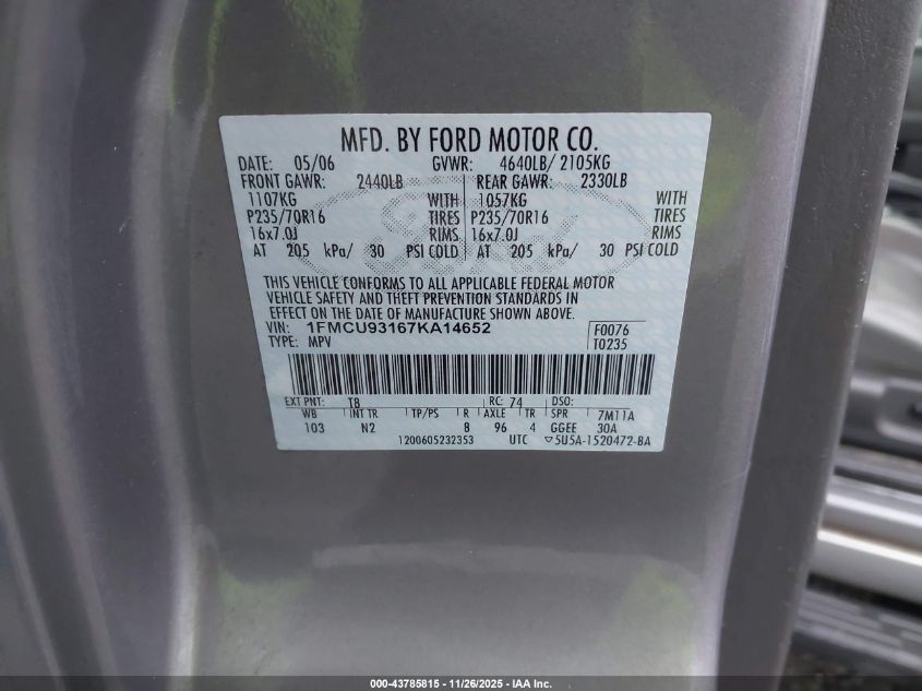 2007 Ford Escape Xlt/Xlt Sport VIN: 1FMCU93167KA14652 Lot: 43785815